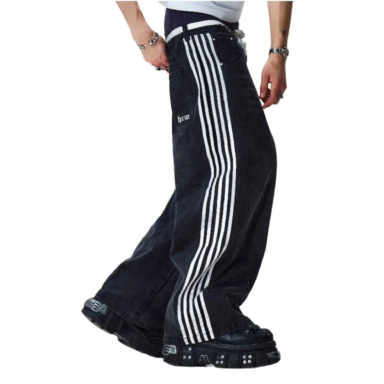 Streetwear Jeans Y2K Hip Hop Striped Baggy Black Pants Mens Punk Rock High Waisted Wide Leg Trousers Clothes 240701