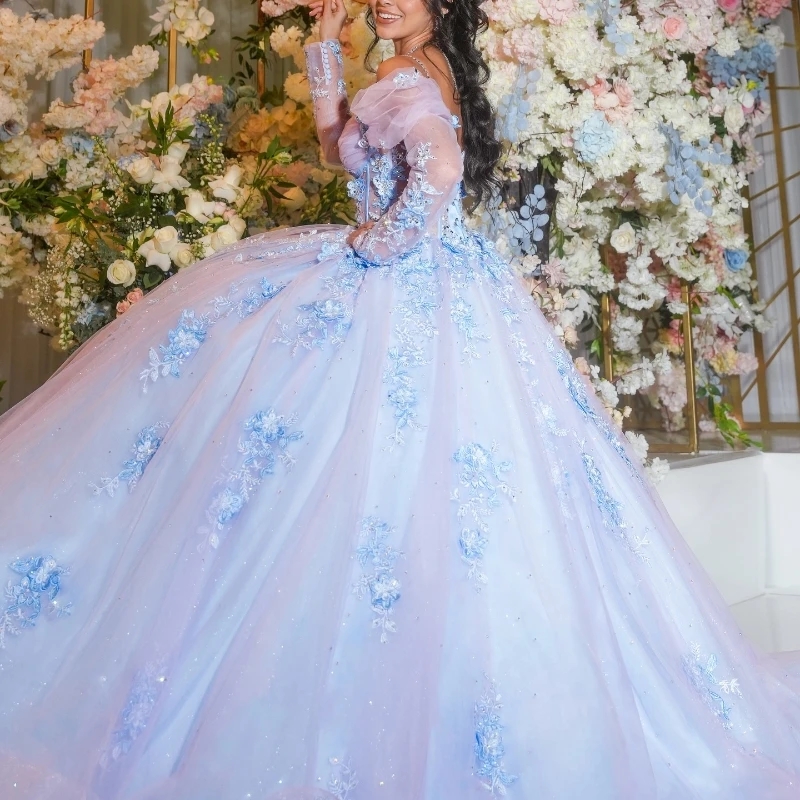 Sky Blue Princess Quinceanera Dresses Gillter Applique Lace Beads Tull Off Shoulder Long Sleeved Corset Lace-up Prom vestifos de