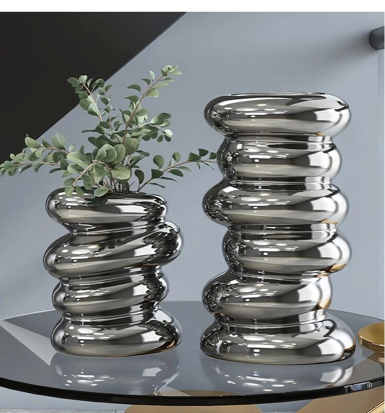 Electroplated Sier Ceramic Nordic Decoration Home Shaped Spiral Vase Living Room wer Arrangement Container 240709