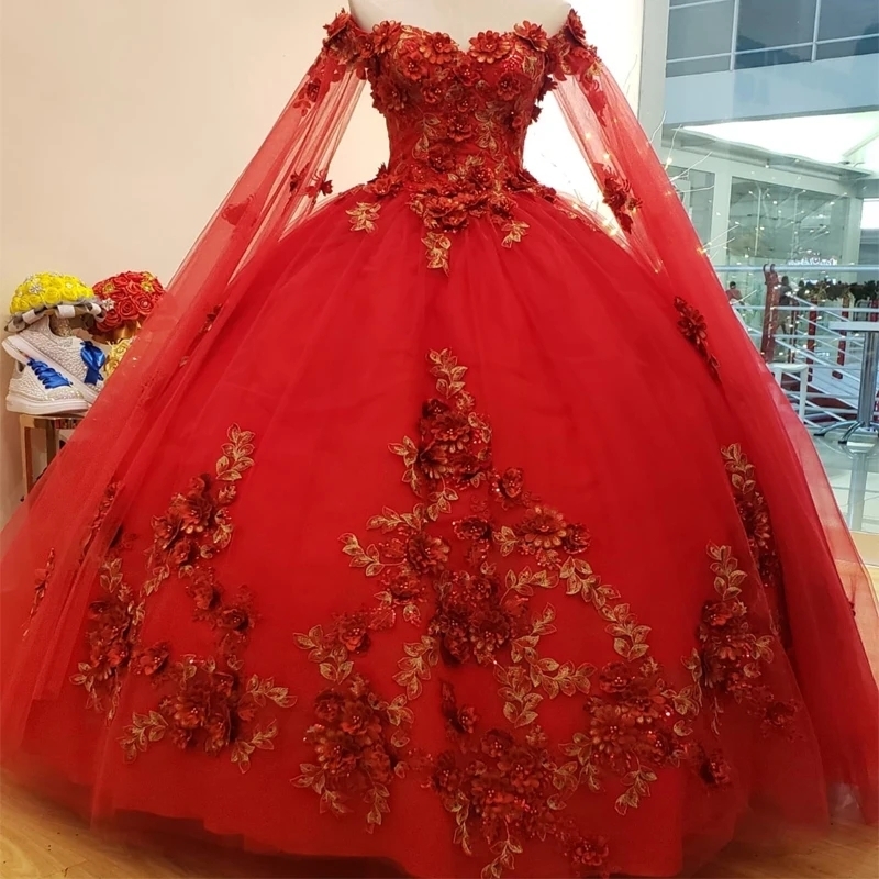 Red Quinceanera Dresses Beading Party Elegant Off the Shoulder Evening Prom Dress for Women Tulle Applique Lace With Cape Ball