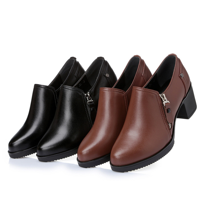 Women shoes waterproof Genuine leather high-heeled women's singles shoes high quality fashion ladies Casual Shoes