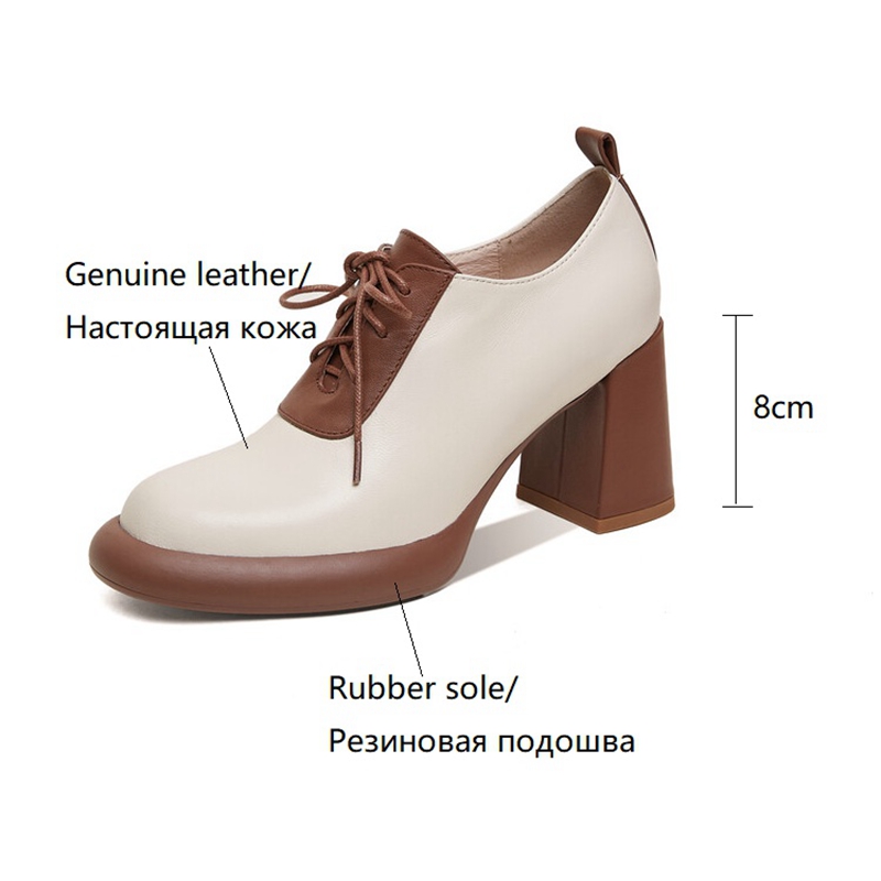 Spring NEW Round Toe High heels New Genuine Leather Chunky Heel Pumps Lace Up Mixed Color Platform Shoes for Women 2267