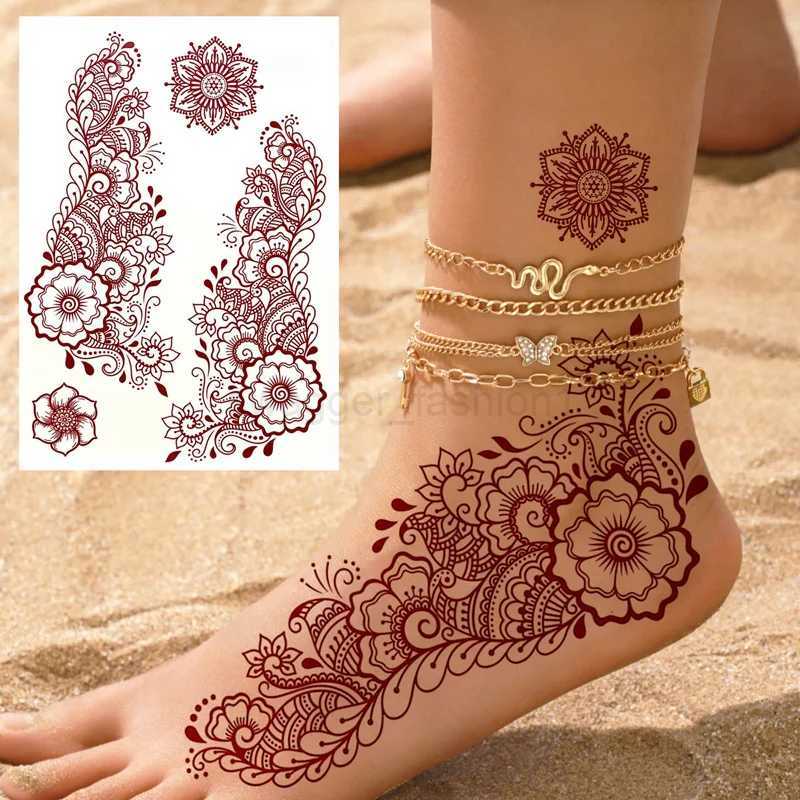 Maroon Henna Tattoo Stickers for Hand and Body Flower Temporary Tattoos for Women FakeTattoo for Wedding FestivalB240713