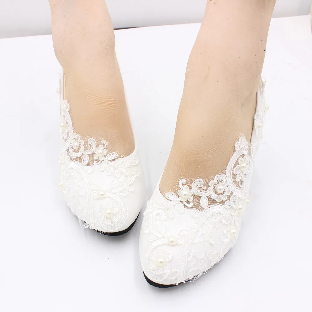 White lace large size womens shoes Bride wedding shoes Low heel bridesmaid shoes round toe high heels BH2203 240708 - view 3
