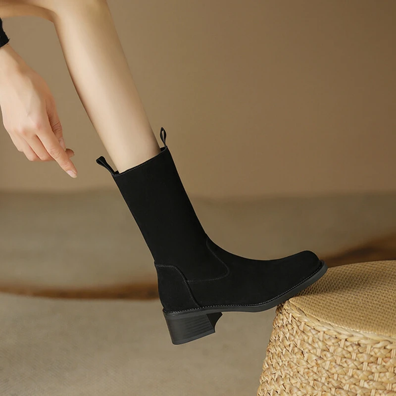 Autumn NEW Round Toe Chunky Heel Cow Suede Leather for Women Zipper Mid-calf Boots Winter Ladies Shoes 543b