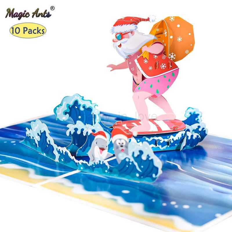 10 Pack Santa Claus Surfing Pop Up Christmas Card 3D Xmas Greeting Cards with Envelope Gift for Holiday Winter New YearM240711