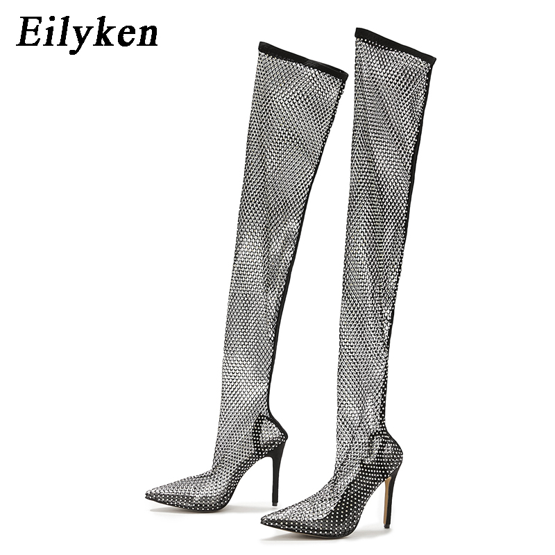 Eilyken Breathable Mesh Long Over The Knee Boots Sandals Women Sexy Stiletto High Heels Pointed Toe Strippers Female Shoes 5d6f