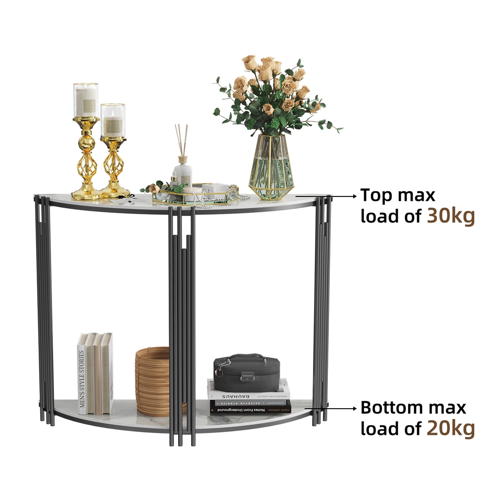 FATIVO Half Moon Console Table with Storage Shelf White Sintered Stone Table and Black Metal for Entryway,Living Room, Hotel, Porch