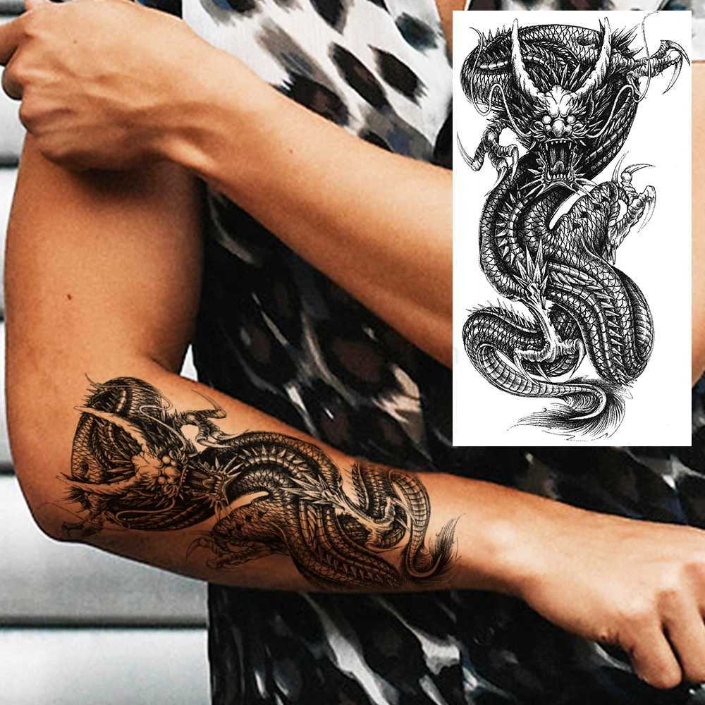 8 Sheets Tribal Lion Tiger Temporary Tattoos For Women Adults Men Fake Black Skull Dragon Tattoo Sticker Gangster Compass TatoosB240711