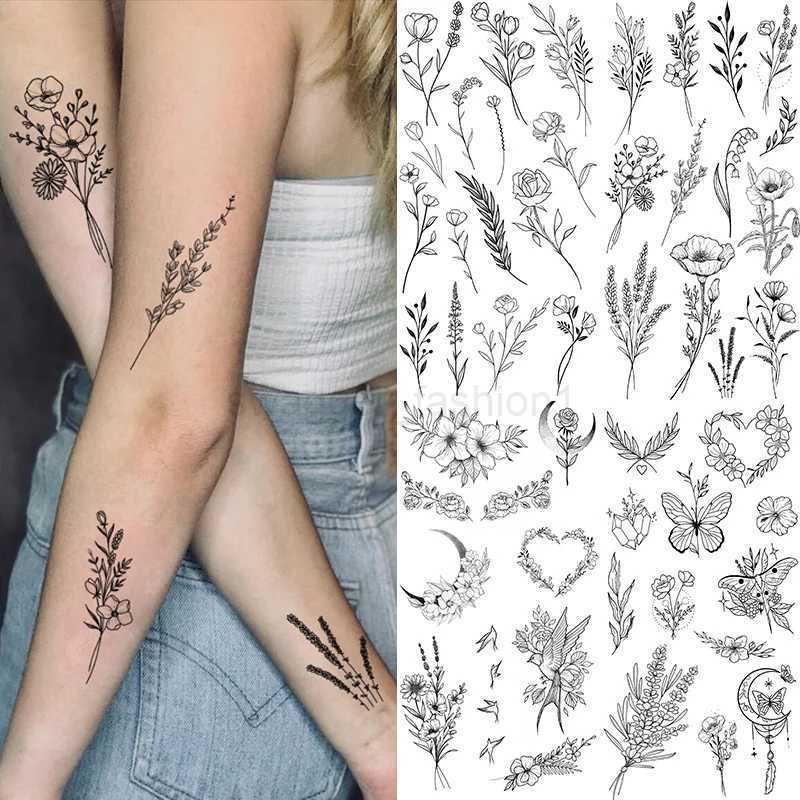 Black Large Flower False Tattoo Sticker For Women Rose Peony Temporary DIY Water Transfer Tattoos Girls Hand back Body ArtB240713