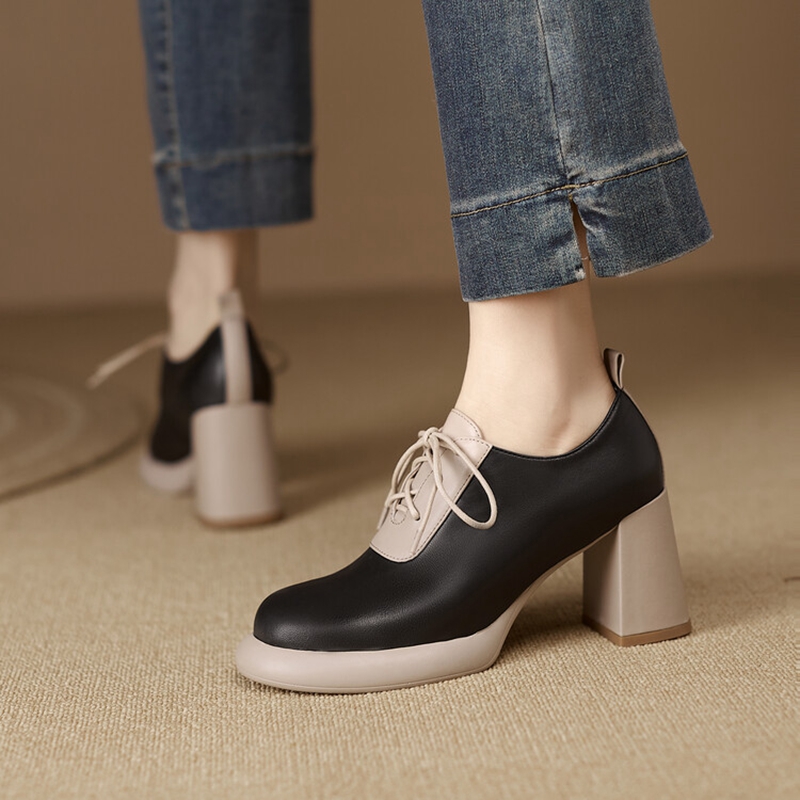 Spring NEW Round Toe High heels New Genuine Leather Chunky Heel Pumps Lace Up Mixed Color Platform Shoes for Women 2267