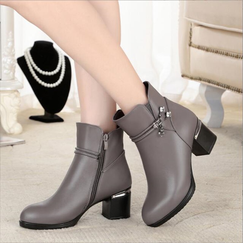 Women boots women genuine leather boots Genuine Leather high heeled ankle boots thick wool winter snow boots free shipping
