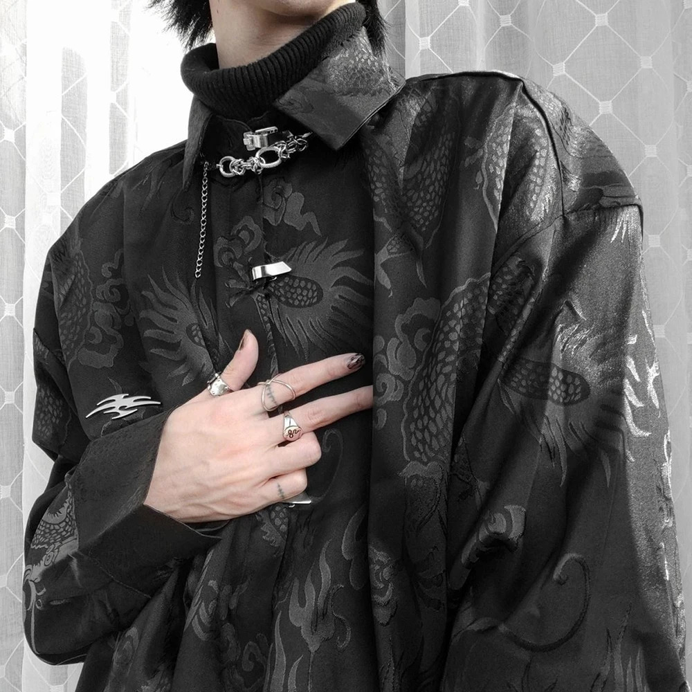 Vintage Harajuku Blouses Men Satin Shirt Dragon Totem Print Streetwear Button Up Long Sleeve Shirts Chinese Style Tops Unisex 240704
