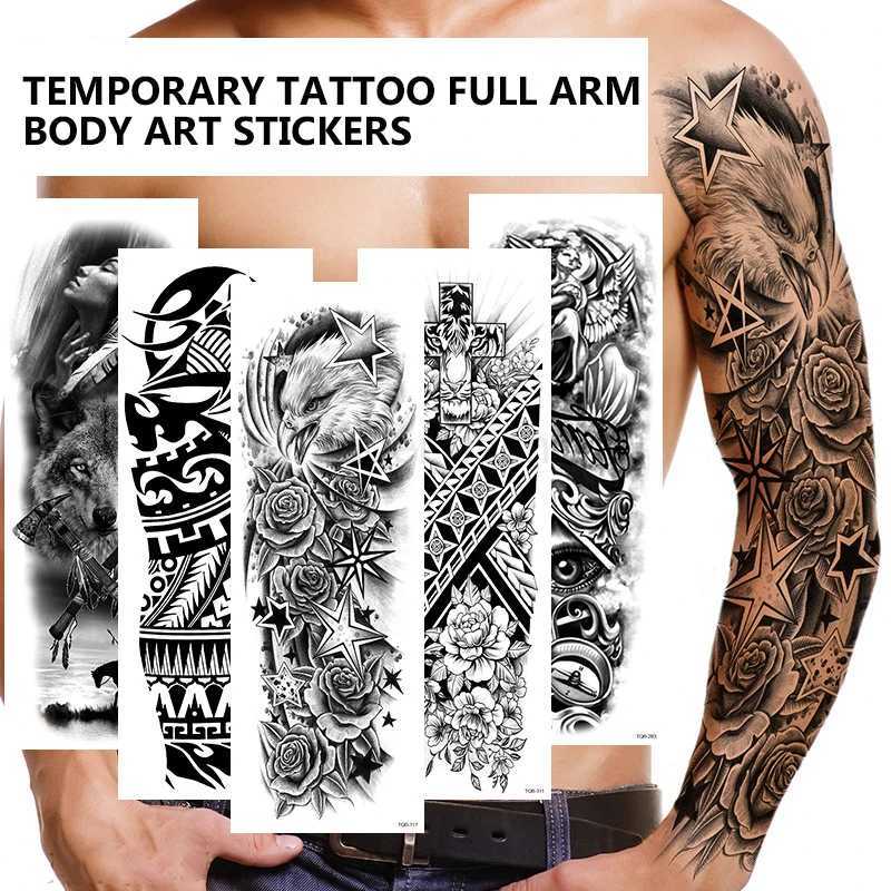 Body Art Full Fake Tatoo Tiger Wolf Flowers Rose Large Arm Tattoo Sticker Full Sleeve Waterproof Semi Permanent Tattoo Women ManB240711