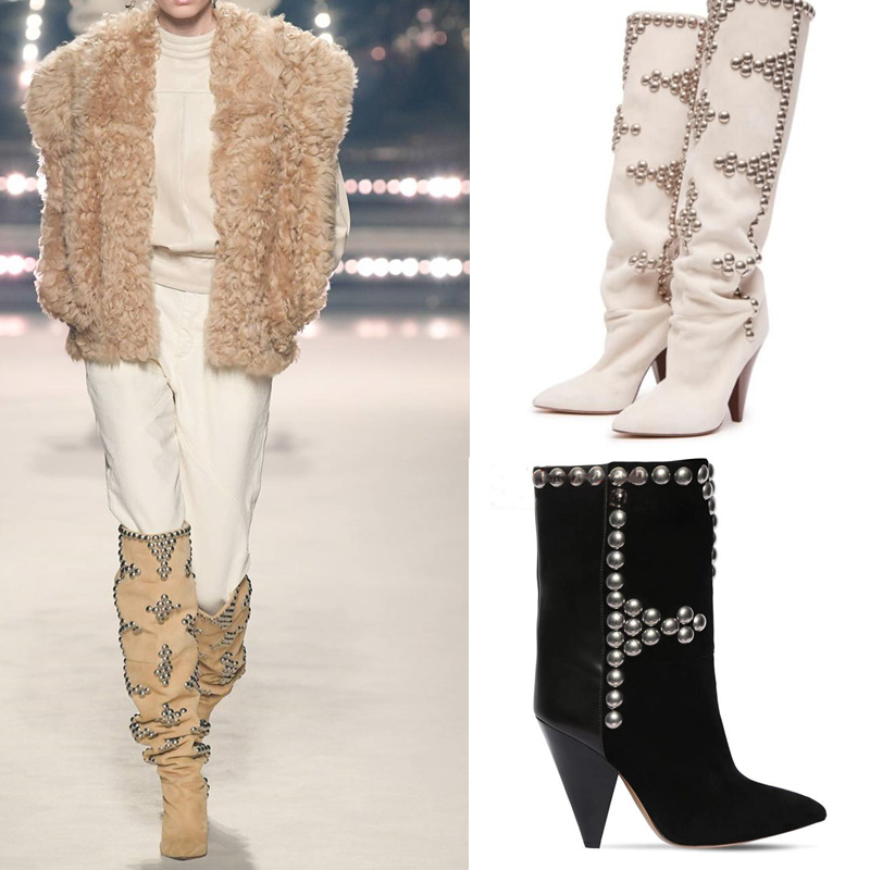 Brand Rivet Inlaid Women's Knee High Boots Cowhide Suede Stage Show Ankle Boots Fashionable Sexy Autumn Winter Womans Shoes