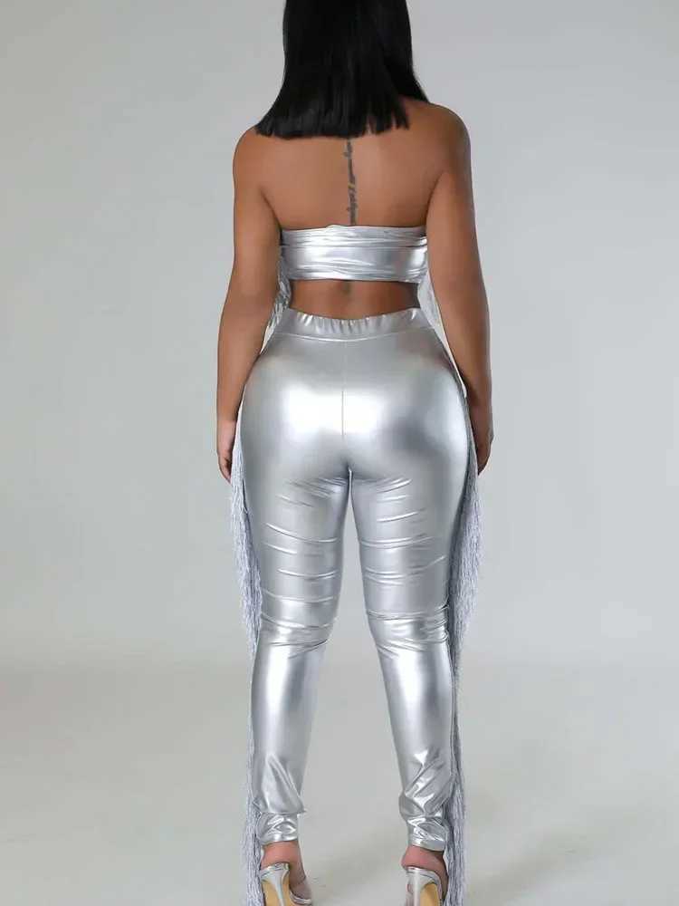 Womens Two Piece Pants Sexy Metal Tower Pants Set for Womens 2piece Birthday Set Club Clothing Strapless Crop Top and Pants Matching Set Y2k Unprinted