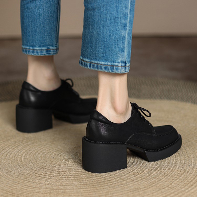Spring/Autumn 2022 Genuine Leather Round Toe Platform Solid Lace Pumps Thick Heel Shoes New for Women 5e74