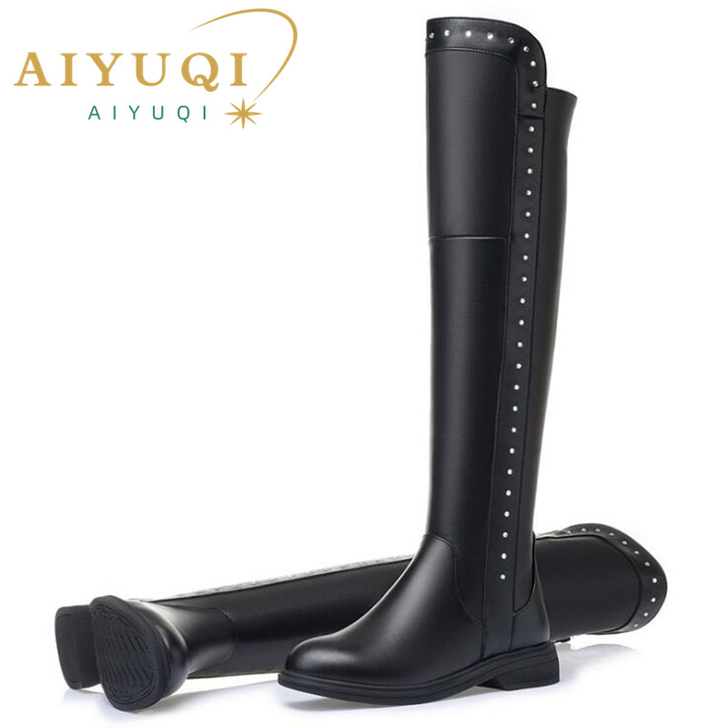 AIYUQI Womens Knee High Boots Winter 2024 New Genuine Leather Women Thigh High Boots Plus Size Wool Warm Women's High Bots