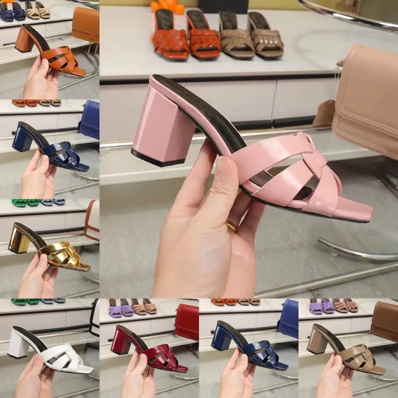 High quality Women's high Heel Slippers Summer luxury designer cofskin chunky sandals Fashion Party Shoes Designer patent leather shoelaces box 6.5 cm heel