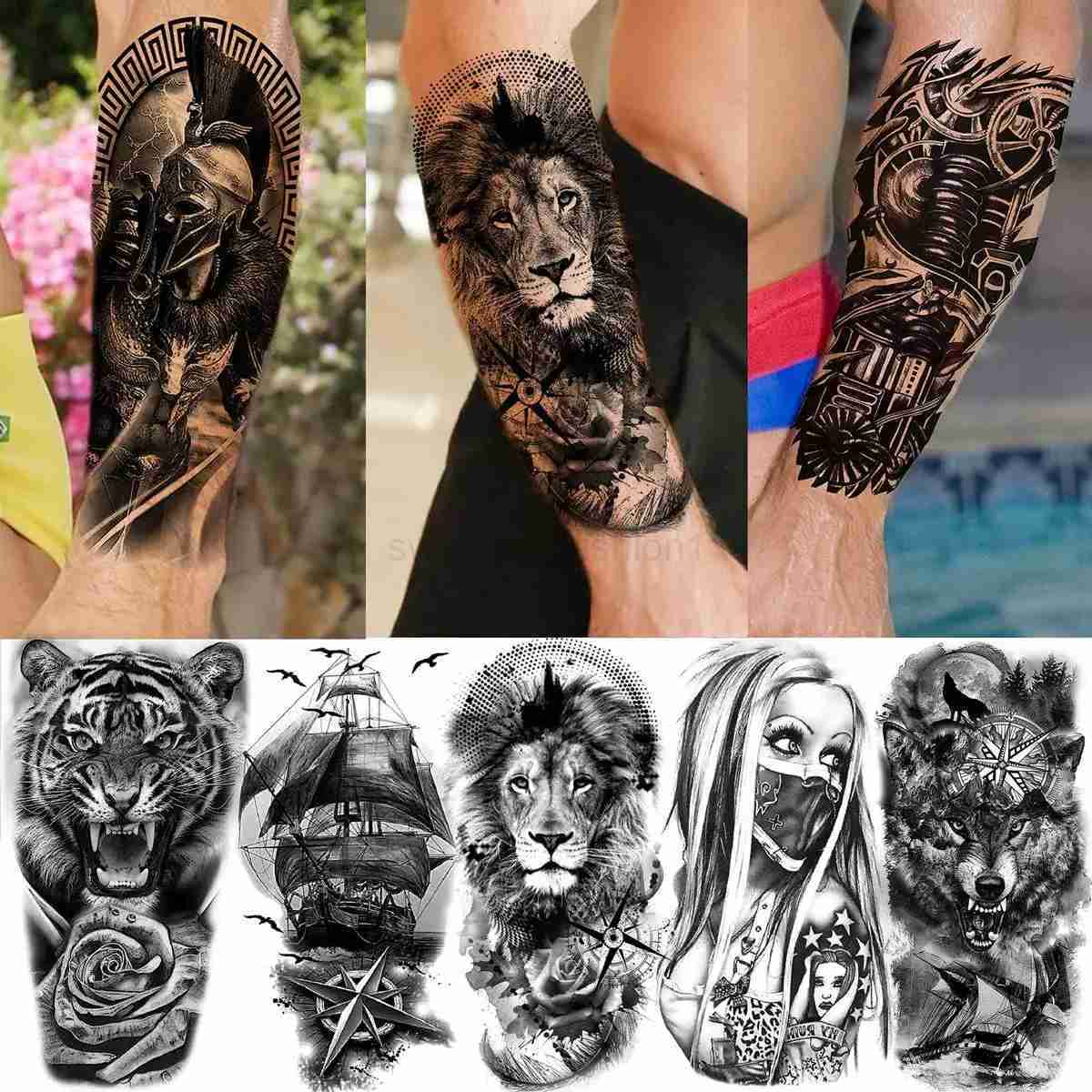 63 Sheets Tribal Wolf Lion Tiger Temporary Tattoos For Men Women Thigh Arm Fake Tattoo Sticker 3D Skull Gangster Tatoos BlackB240711