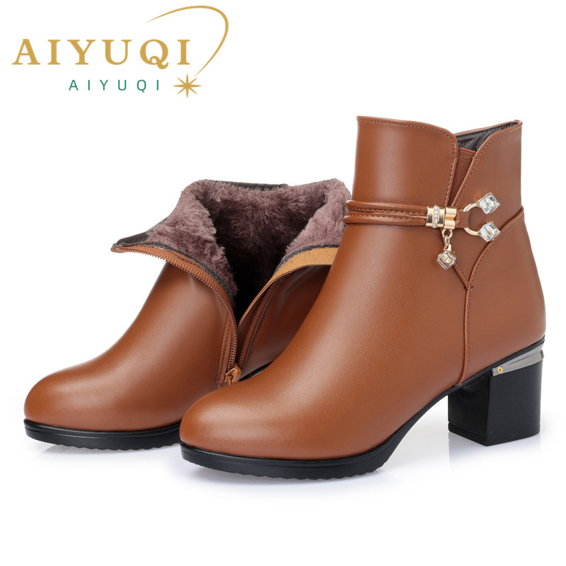 Women boots women genuine leather boots Genuine Leather high heeled ankle boots thick wool winter snow boots free shipping