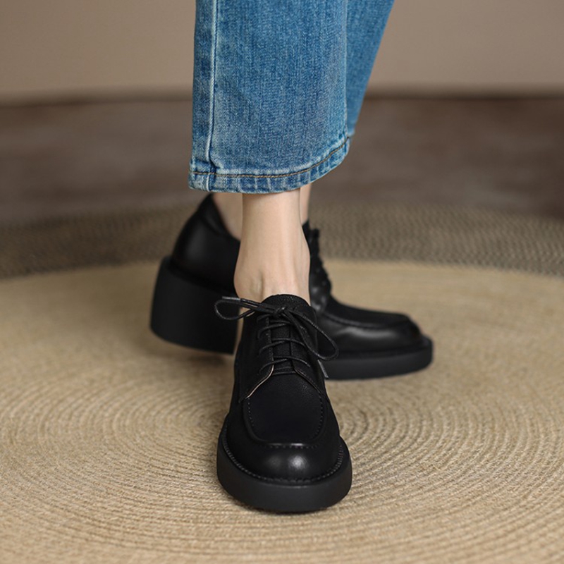 Spring/Autumn 2022 Genuine Leather Round Toe Platform Solid Lace Pumps Thick Heel Shoes New for Women 5e74