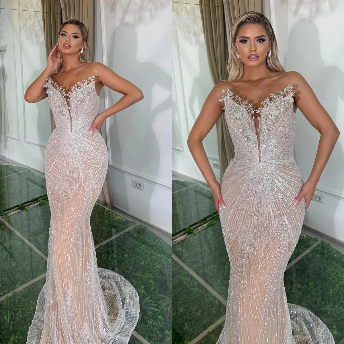Sequins Mermaid Elegant Prom Dresses Crystal Evening Gowns Illusion Lace Up Strapless Party Dress Sleeveless Vestidos De Noche 6660306