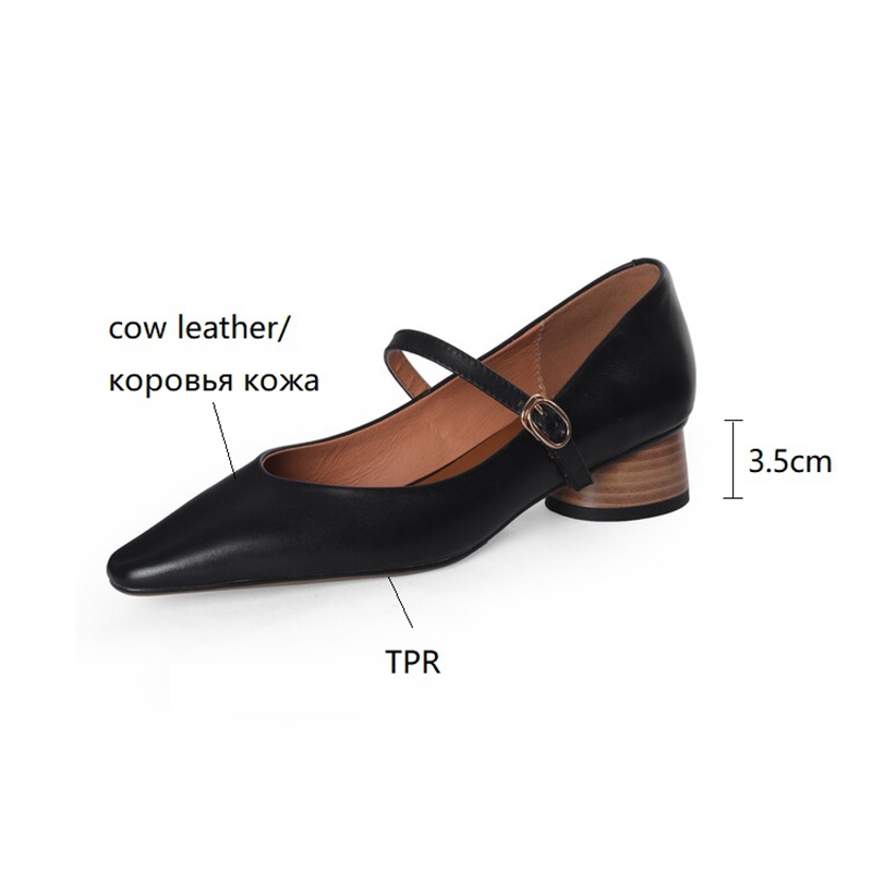Spring 2023 Square Toe Chunky Heel Genuine New Leather Mary Janes Solid Pumps Retro Shallow Shoes for Women 7197