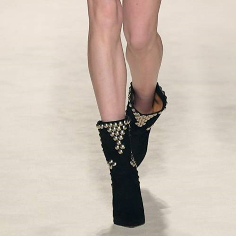 Brand Rivet Inlaid Women's Knee High Boots Cowhide Suede Stage Show Ankle Boots Fashionable Sexy Autumn Winter Womans Shoes