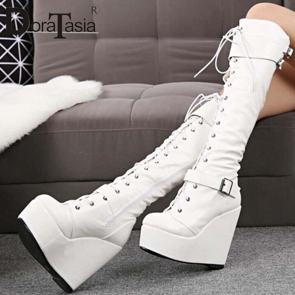 DORATASIA Big Size 35-43 Ladies Wedges High Heels Knee High Boots Cross Tied High Platform Boots Women Party Sexy Shoes Woman