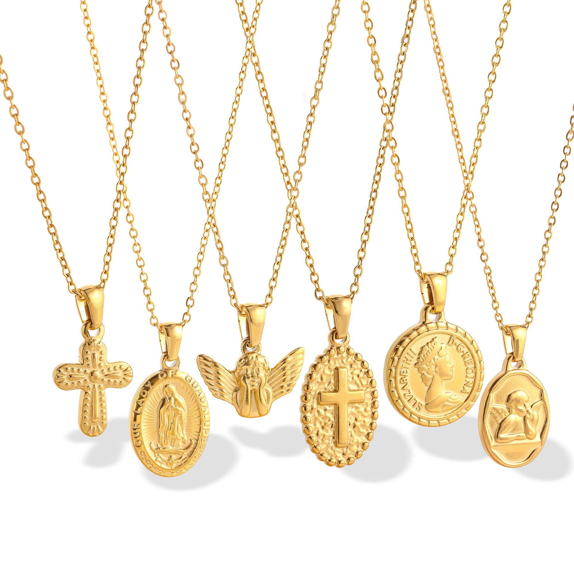 Emed Stainless Steel Gold Chain Cross Angel Madonna Pendant Necklace for Women and Men 4