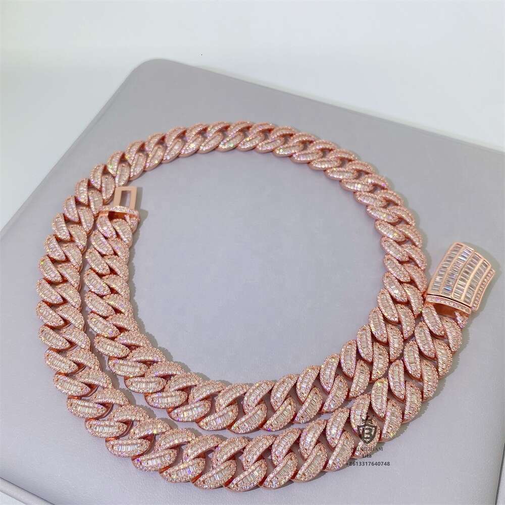 Hip Hop Jewelry Silver 925 Iced Out Moon Shape 15mm Maimi Rectangle Diamond Vvs Necklace for Men Gold Cuban Link Chain