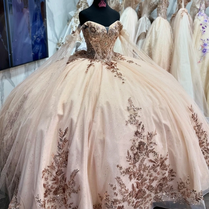 Champagne Quinceanera Dress Ball Gown Off The Shoulder Appliques Lace Beading Tull Tassel Sweet 16 Vestidos De 15 Anos
