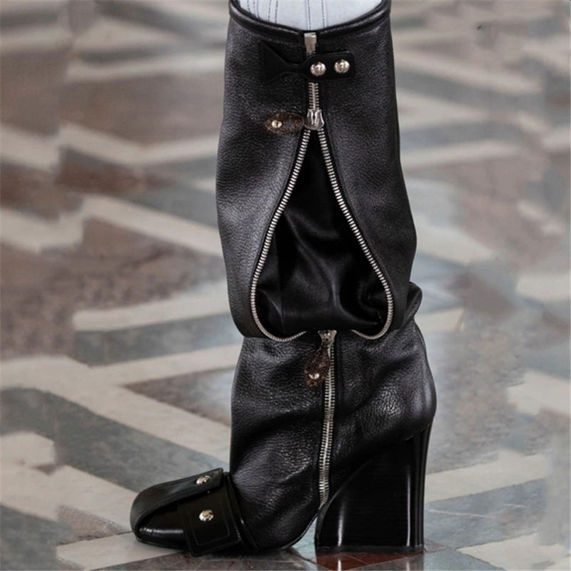Cowhide Rivet Side Zipper Square Toe Motorcycle Women's Autumn Winter Casual Personality Thick Heeled Knee Length Boots
