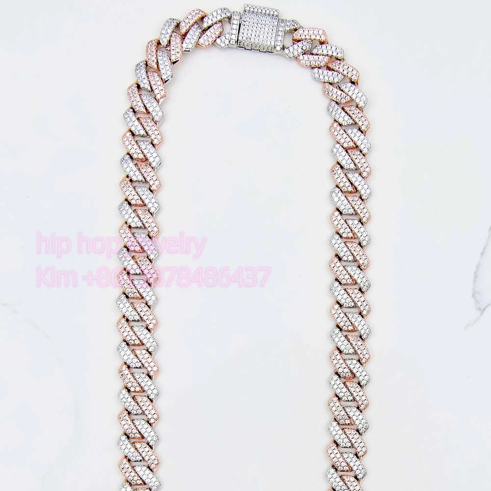 Hip Hop Jewelry Custom 2rows 14mm Prong Cuban Chain Trendy 2 Tone 925 Silver Moissanite Diamond Cuban Necklace