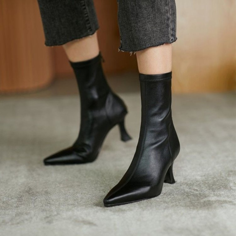 2023Women High Leather New Female Pointed Thin Heel Ladies Ankle Short Boots Botas De Mujer