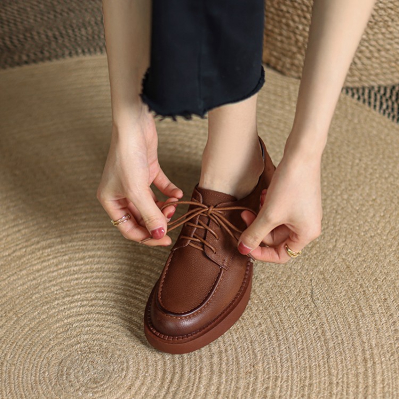 Spring/Autumn 2022 Genuine Leather Round Toe Platform Solid Lace Pumps Thick Heel Shoes New for Women 5e74