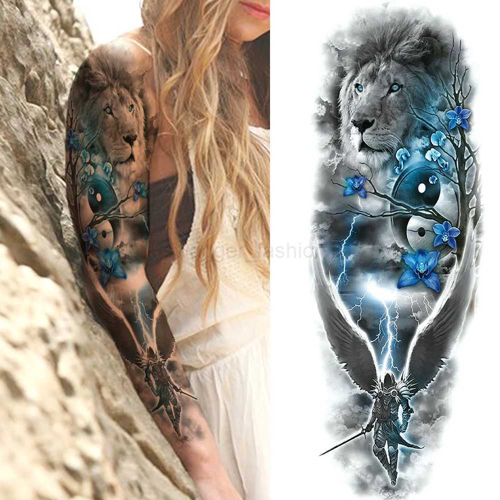 Super Large Compass Wolf Head Eye Temporary Tattoo Sleeves For Men Women Fake Lion God Feather Tatoo DIY Full Arm Tattoo StickerB240711