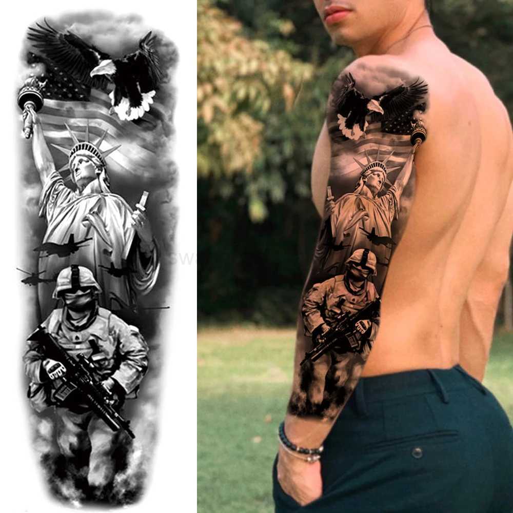 Super Large Compass Wolf Head Eye Temporary Tattoo Sleeves For Men Women Fake Lion God Feather Tatoo DIY Full Arm Tattoo StickerB240711