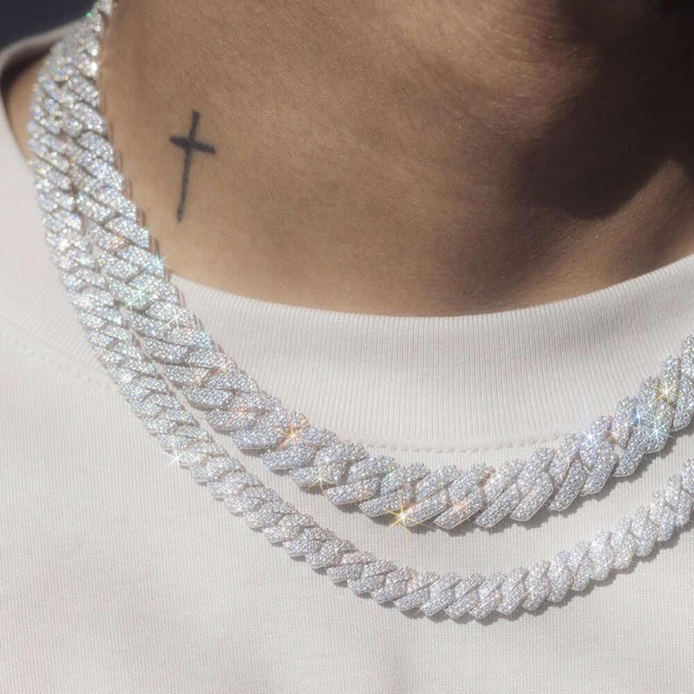 Fashion Cuban Chain Necklace 2rows 8mm 10mm 12mm 14mm 925 Solid Silver Moissanite Diamond Cuban Link Chain Hip Hop Necklace