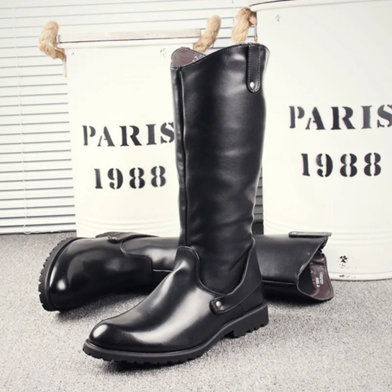 Leather Boots Men British Military Army Motorcycle Riding Equestrian Mens Boots Knee High Casual Zipper Cowboy Western Boots