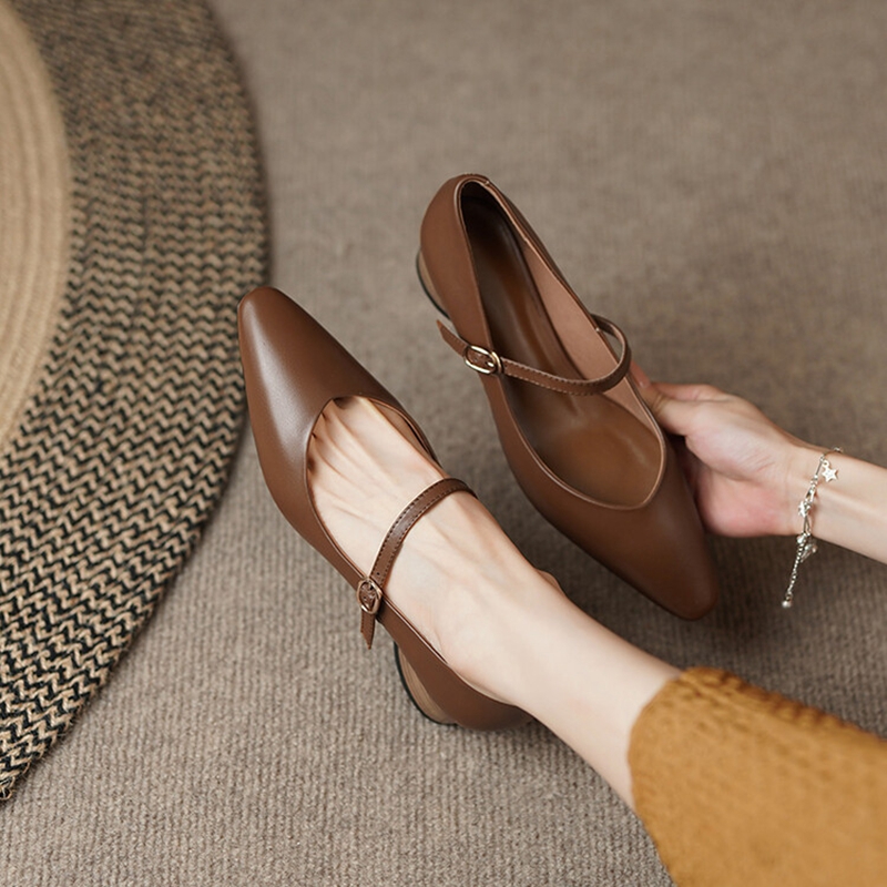 Spring 2023 Square Toe Chunky Heel Genuine New Leather Mary Janes Solid Pumps Retro Shallow Shoes for Women 7197