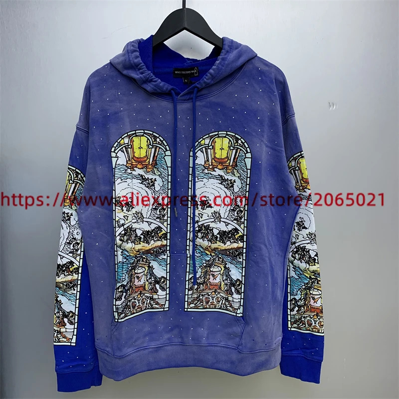Washed WHO DECIDES WAR Cream Blue Hoodie Men Women Dia Inlay Vintage Oversize Hooded 240704