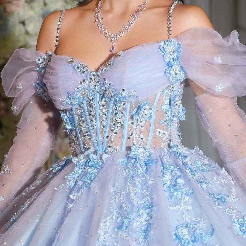 Sky Blue Princess Quinceanera Dresses Gillter Applique Lace Beads Tull Off Shoulder Long Sleeved Corset Lace-up Prom vestifos de
