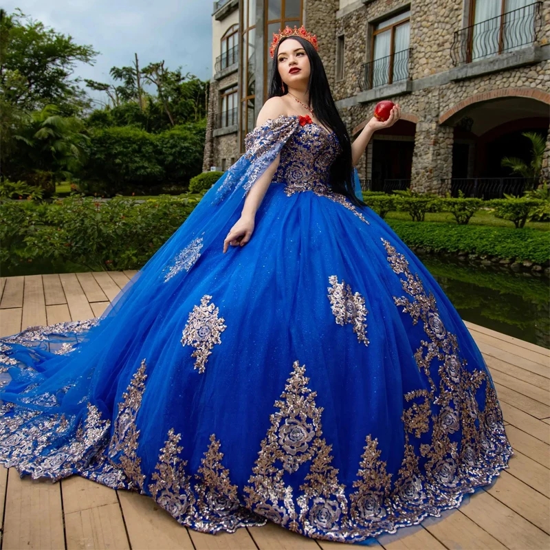 Royal Blue Off Shoulder Ball Gown Quinceanera Dresses 2025 Sweet 16 Princess Appliqued Lace With Cape Party Gowns Vestido De 15 Anos