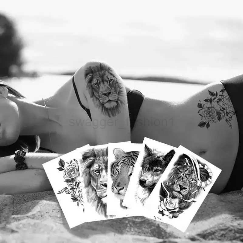 Black Forest Temporary Tattoos for Men Animal Tiger Wolf Tattoo Sticker Fake Tattoo for Women Hand Arm Tatoo WaterproofB240712