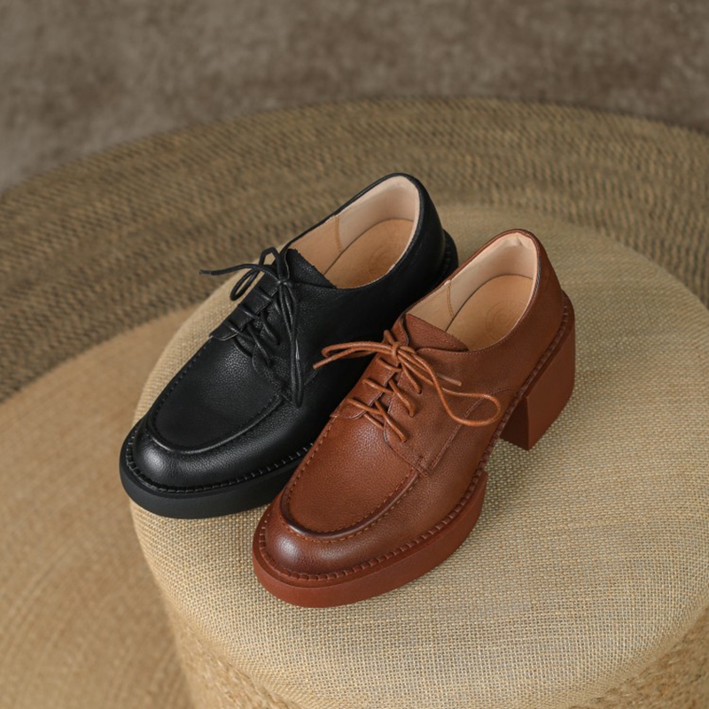 Spring/Autumn 2022 Genuine Leather Round Toe Platform Solid Lace Pumps Thick Heel Shoes New for Women 5e74