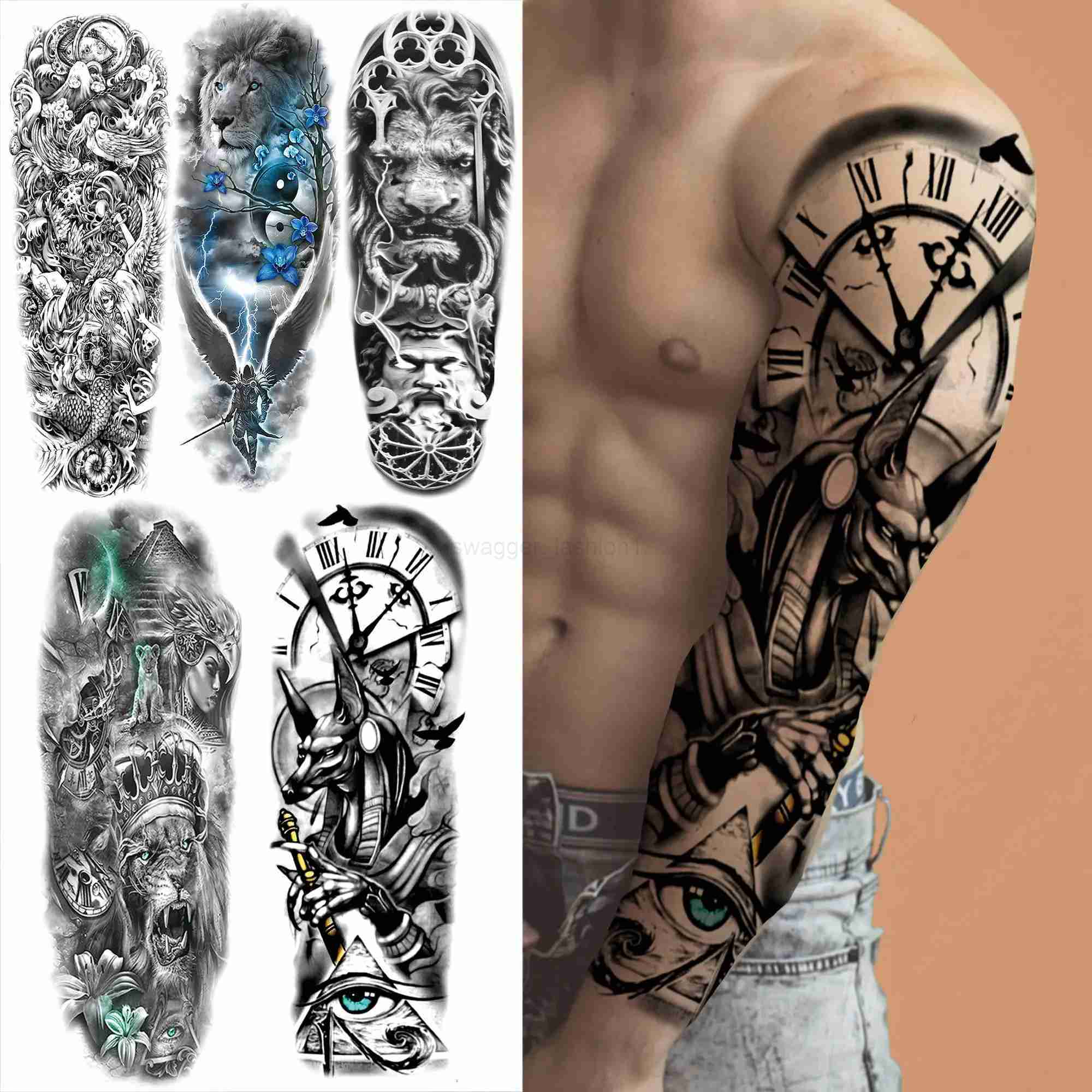 Super Large Compass Wolf Head Eye Temporary Tattoo Sleeves For Men Women Fake Lion God Feather Tatoo DIY Full Arm Tattoo StickerB240711