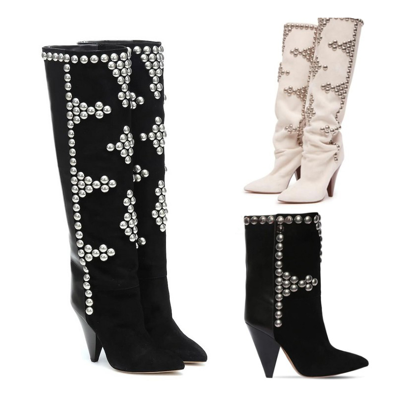 Brand Rivet Inlaid Women's Knee High Boots Cowhide Suede Stage Show Ankle Boots Fashionable Sexy Autumn Winter Womans Shoes
