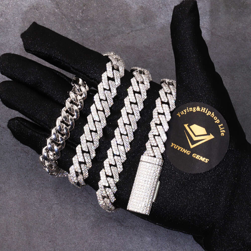 Fashion Cuban Chain Necklace 2rows 8mm 10mm 12mm 14mm 925 Solid Silver Moissanite Diamond Cuban Link Chain Hip Hop Necklace